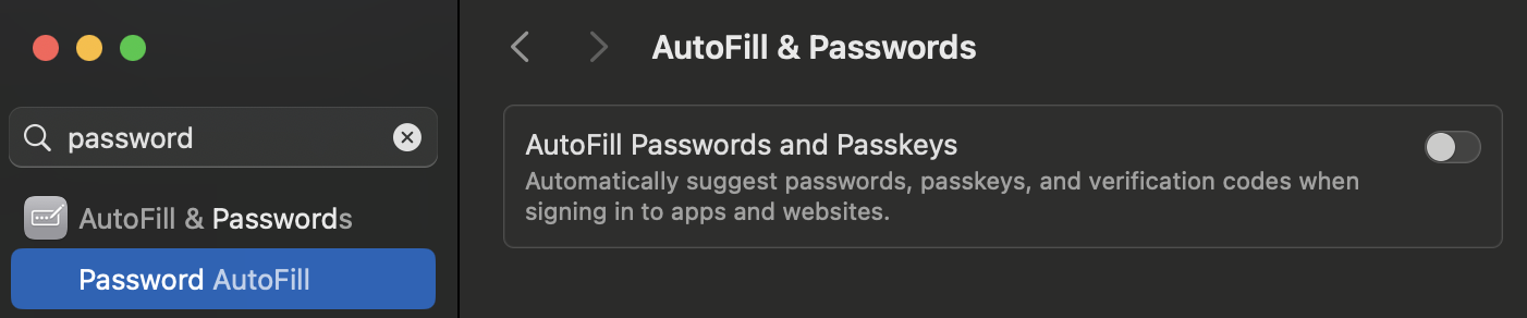 the setting Autofill Passwords and Passkeys is under a section called AutoFill and Passwords